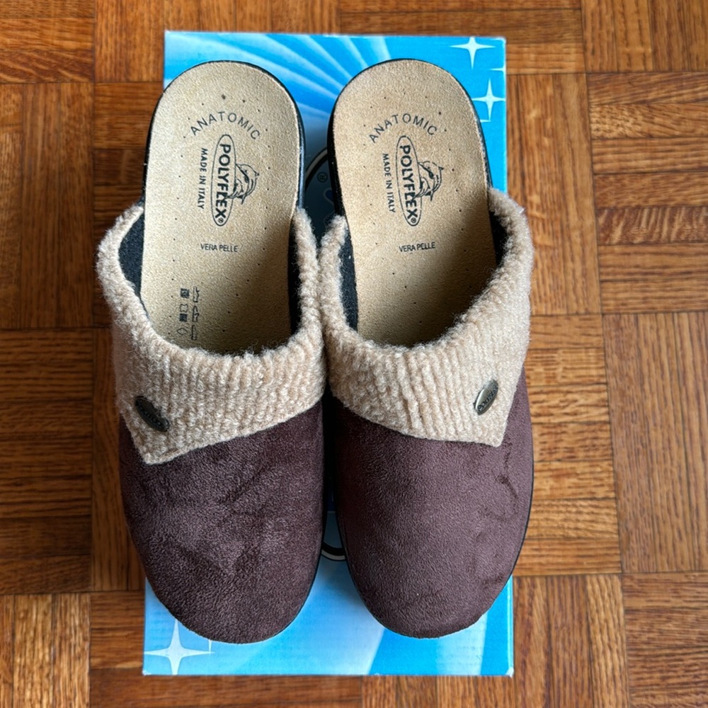 NWT Polyflex Brown Suede Leather Clogs - Made in Italy - Size EU 38/US 7
